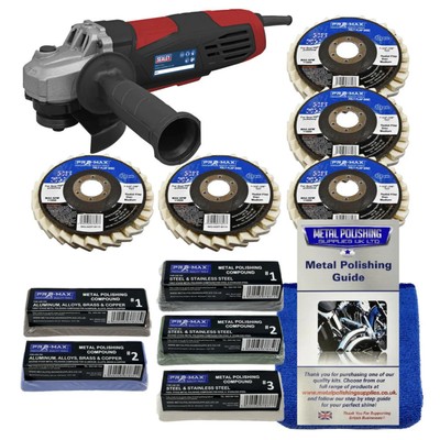 Winkelschleifer Sealey 750W mit Pro-Max 11tlg Allzweck Metall Polierset