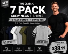 True Classic 7-Pack Crew Neck T-Shirts | Size L | + Bonus H.Grey Tee