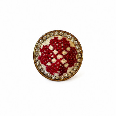 Vintage Red & Cream Handmade Embroidered Rhinestone Ring Gold Tone Adjustable