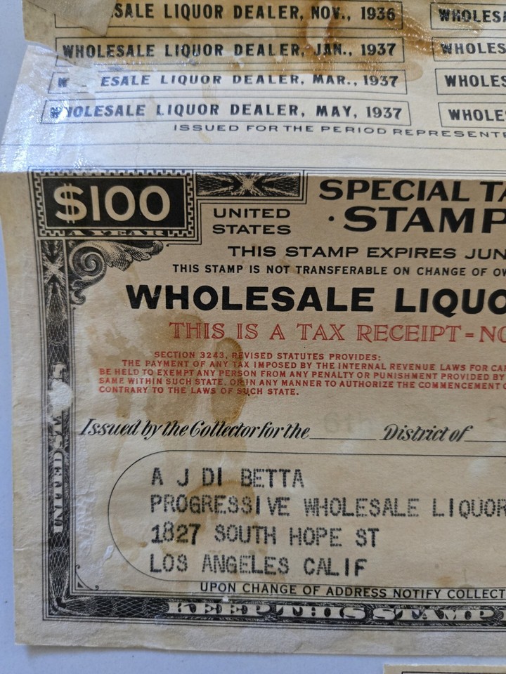 1937 Special Tax Stamp Wholesale Liquor Dealer w/ Coupons Los Angeles