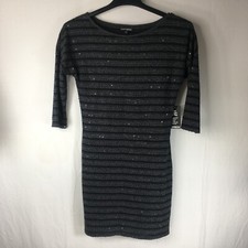 Express Black Stiped Sequined Cropped Sleeve Scoop Neck Mini Dress Womens Sz M