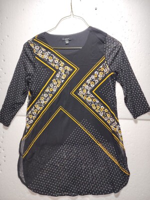 Alfani Top Women Size PL Large Petite Black Geometric Floral Blouse 3/4 Sleeve