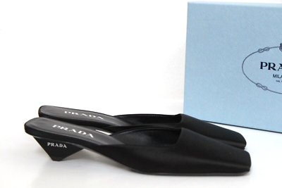 sz 8 / 38.5 Prada Black Satin Modellerie Mule Logo Low Heel Slip