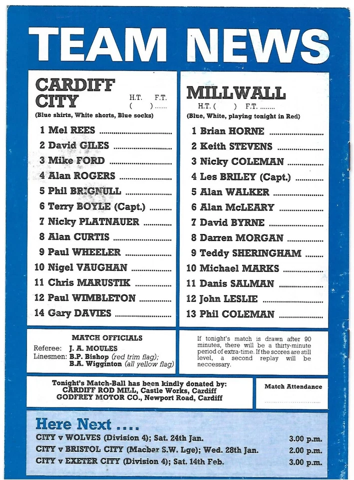 CARDIFF CITY v MILLWALL 20th JANUARY 1987. - Image 2 of 2
