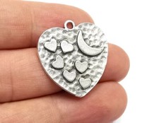 Heart Crescent Moon Charms Hammered Pendant Antique Silver Plated G28242