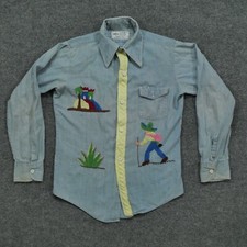 Vintage Western Shirt Youth 14 Blue Chambray Native American Mexico 60s 70s