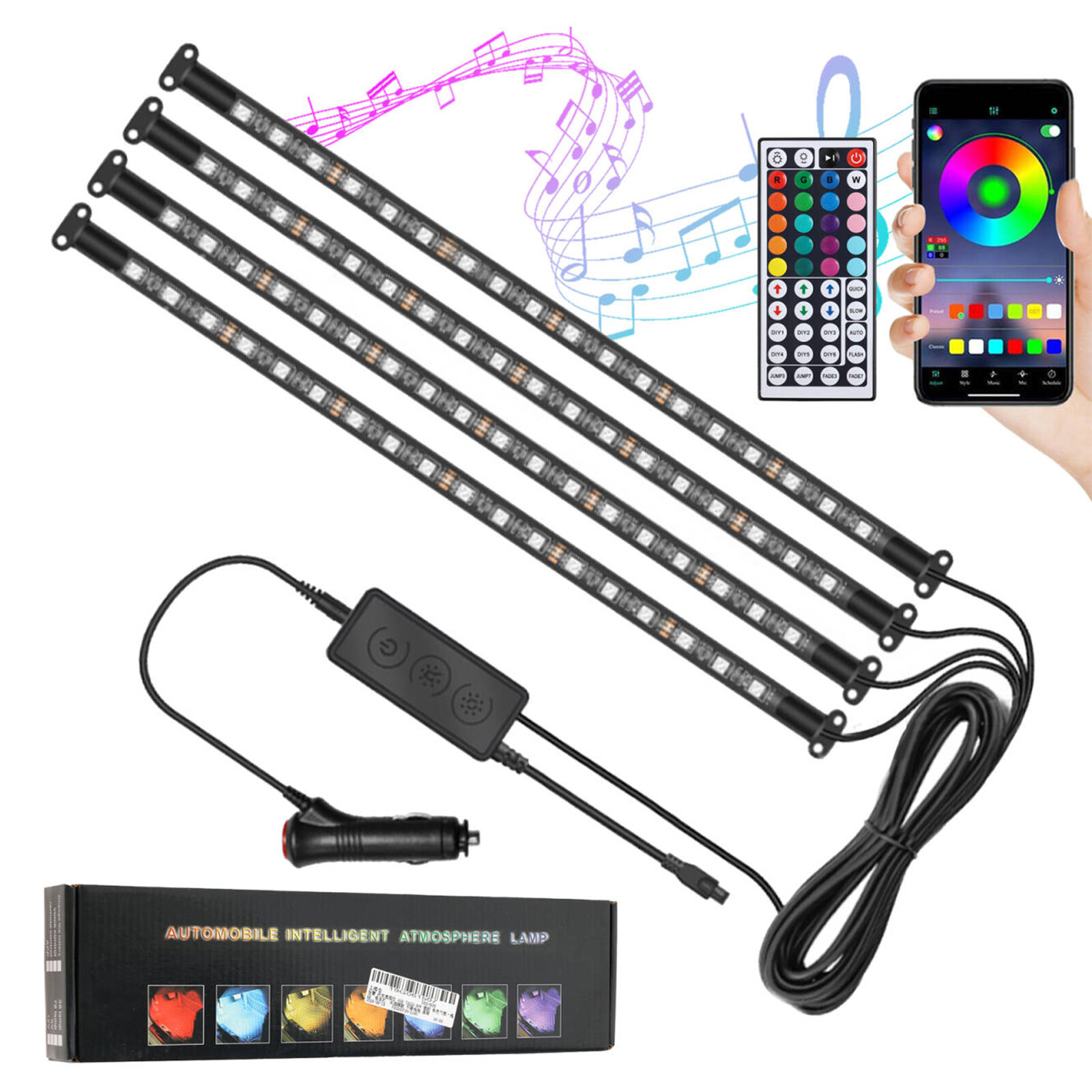 4 IN 1 Car Interior 72LED Strip Light App Remote Control with Cigarette Lighter;