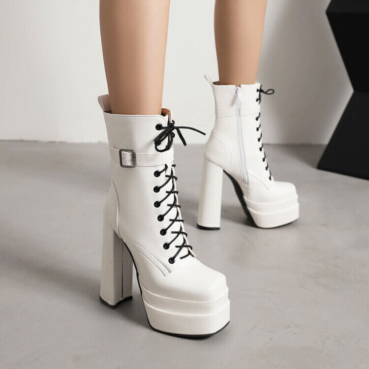 Women Fashion Square Toe Motor Combat Boots Shoes High Heel Lace Up Punk Boots | eBay Women Fashion Square Toe Motor Combat Boots Shoes High Heel Lace Up Punk Boots | eBay