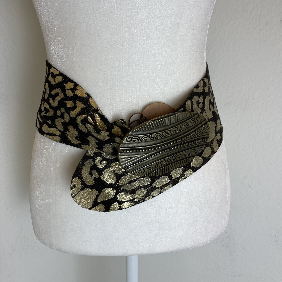 Chicos Belt Womens Medium Brown Black Leather Leopard Brass Gold Boho Western Chico main image 2