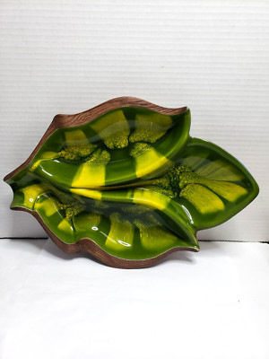 Vtg USA Pottery #603 Neon Green Drip Glaze MCM Divided Leaf Dish 14 x 10 