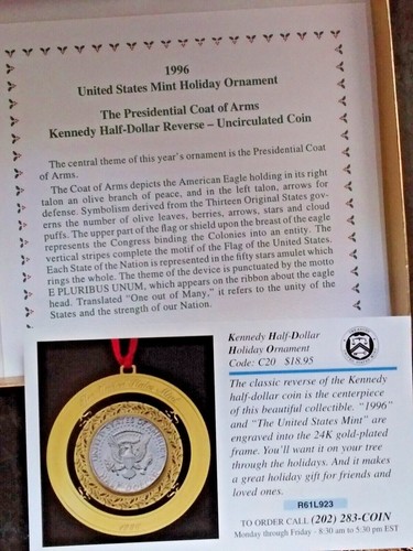 1996 US Mint Kennedy Half Dollar Christmas Ornament 24KT Gold Plated (US-520) - Picture 5 of 7