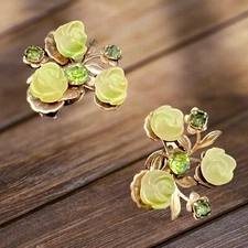 Vintage Green Molded Plastic Lucite Flower Clip On Earrings Green  Rhinestones