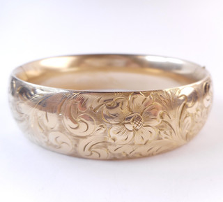Antique Victorian Gold Filled Hinged Bangle Bracelet Engraved Floral 3/4" WIDE
