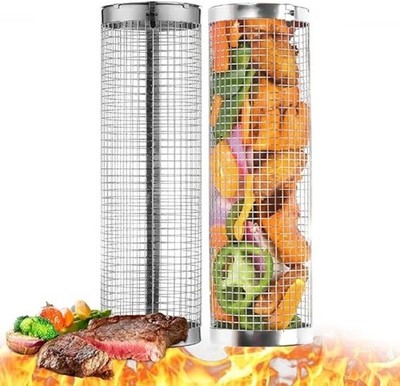 2 Pack Rolling Grilling Basket Stainless Steel For BBQ Grill Outdoor Tools US