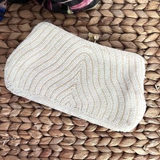 Vintage White Hand Beaded Clutch Evening Bag Gold Kiss Clasp Made in Japan