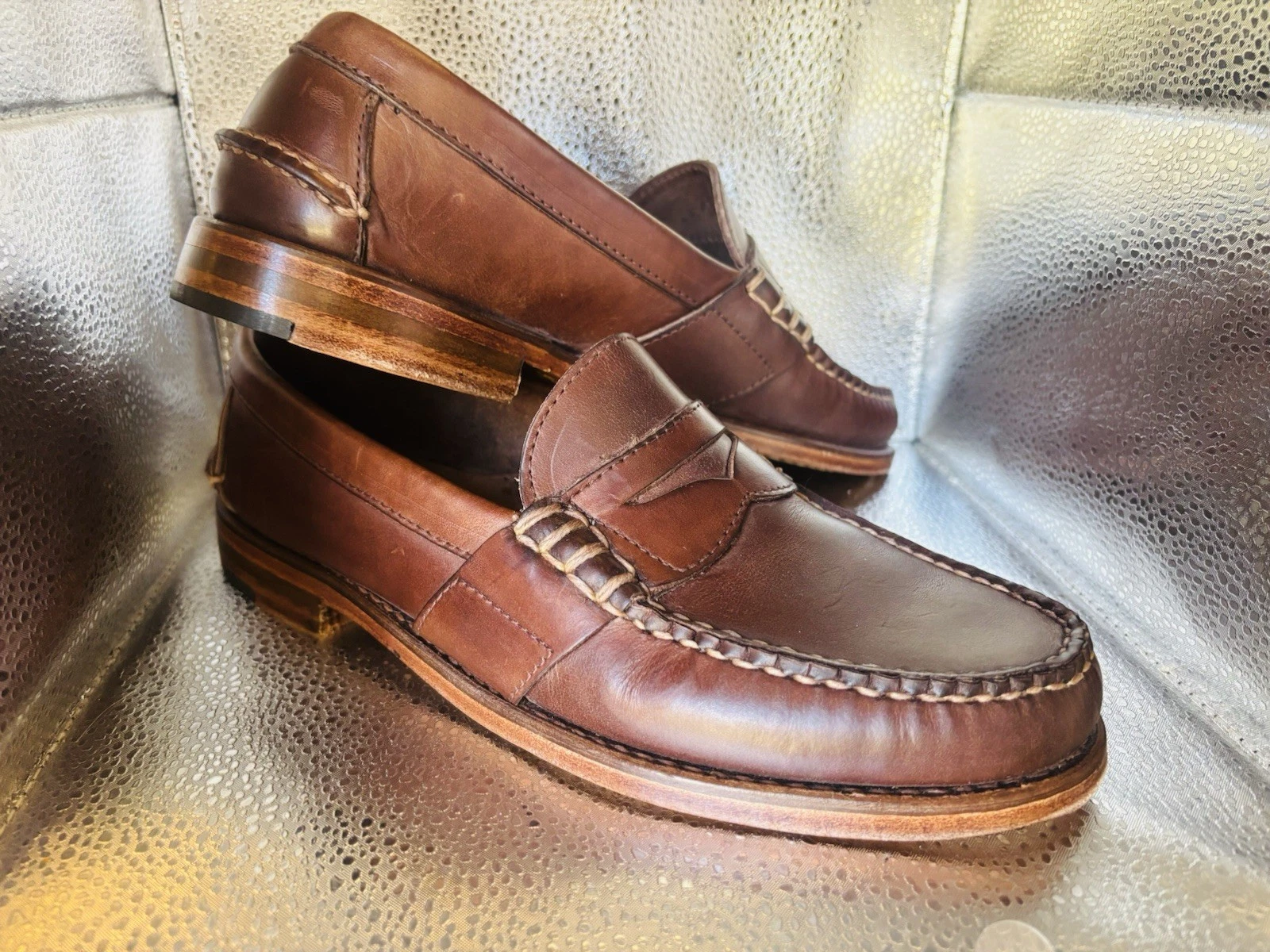 RALPH LAUREN Loafers Soft Lt Brown Leather Whip Stitched Handmade in Main USA 8D