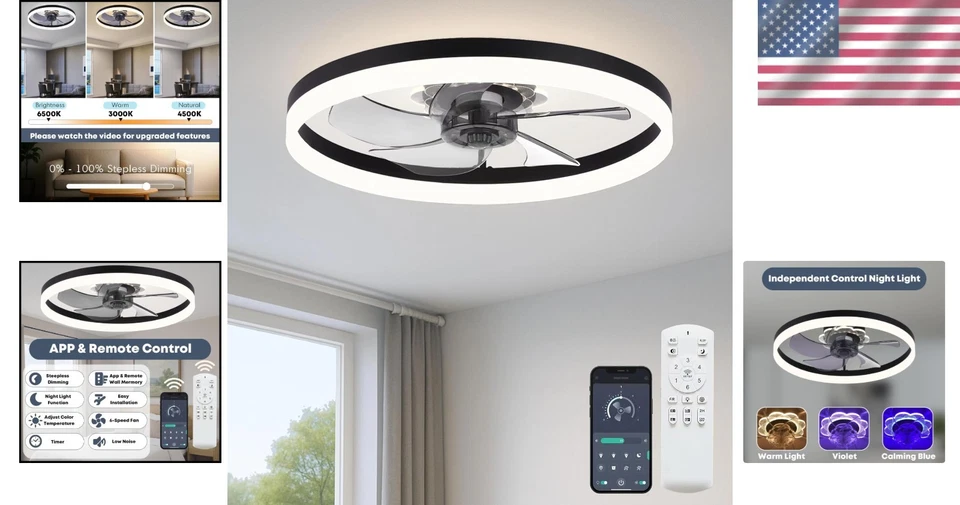 Modern Black Ceiling Fan with Light, 6 Speeds, Dimmable LED - Image 2 of 4