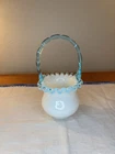 VTG Fenton Glass Aqua Crest Basket White Milk Glass Blue Ruffled Rim Bamboo 6.5"