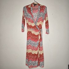 BCBGMAXAZRIA Women Orange Grey Lace Print Faux Wrap Dress Long Sleeve Size S