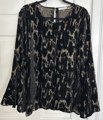 Calvin Klein Women s XL Black & Metallic Gold Burnout Sheer Velvet Blouse *READ