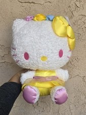 HELLO KITTY 2016 SANRIO PLUSH YELLOW PINK SATIN DRESS HALO FLOWERS