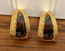 Brown Rust Swirled Enamel Gold Tone Tapered J Hoop Pierced Earrings USA Vintage