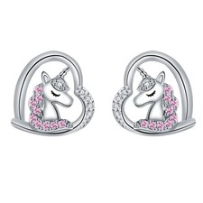925 Sterling Silver Heart Unicorn Stud Earrings Sparkling AAA CZ Gift for Her