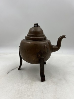 Vintage Copper Tripod Teapot Kettle Tin Lined 3-Legged Side Handle Rustic Patina