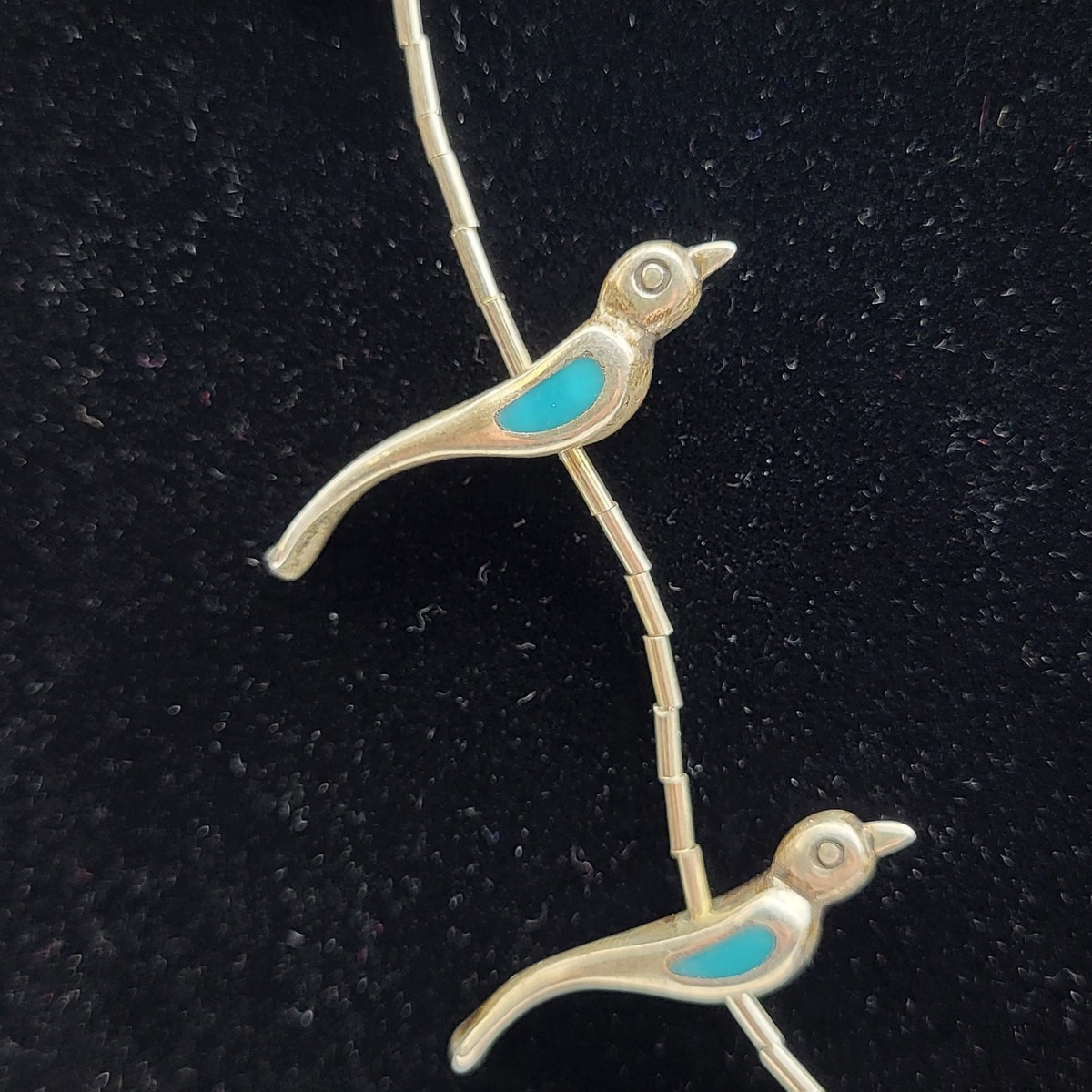 Vintage Sterling Silver Zuni Fetish Bird turquoise inlay necklace