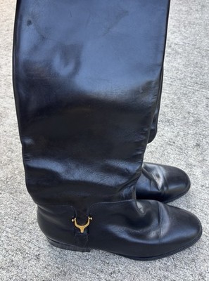 Etienne Aigner Derby Leather Riding Boots Black Gold Horse Bit Detail 9.5M