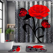 4 Pcs Bathroom Set,Red Rose Shower Curtain Sets, Floral Shower Curtain Sets with