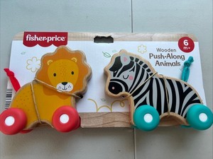 Fisher-Price Wooden Push Along Animals, Lion & Zebra Toy Vehicles for Infant