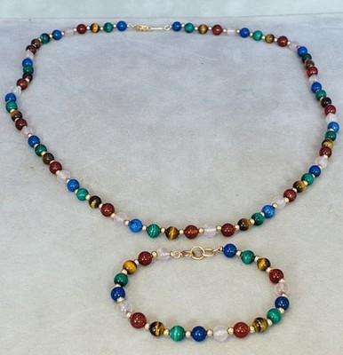 14K Necklace & Bracelet  White Quartz Carneilian Tiger Eye Lapis Luzi Malachite