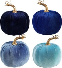 4 Pcs Assorted Blue Faux Velvet Pumpkins Decorative Harvest Pumpkins Fabric F...