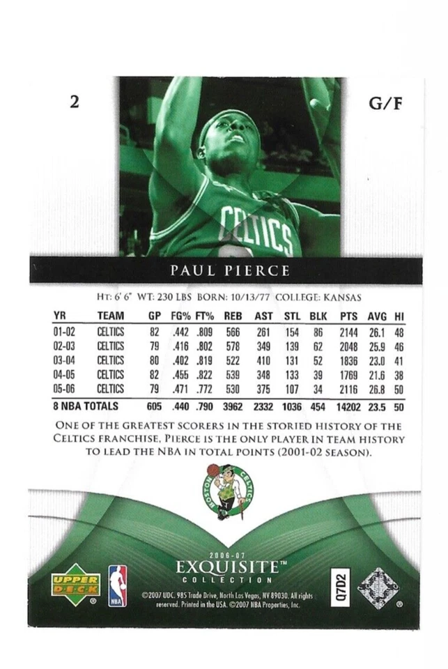 2006-07 Upper Deck Exquisite Paul Pierce Card#2 #194/225 - Image 2 of 2