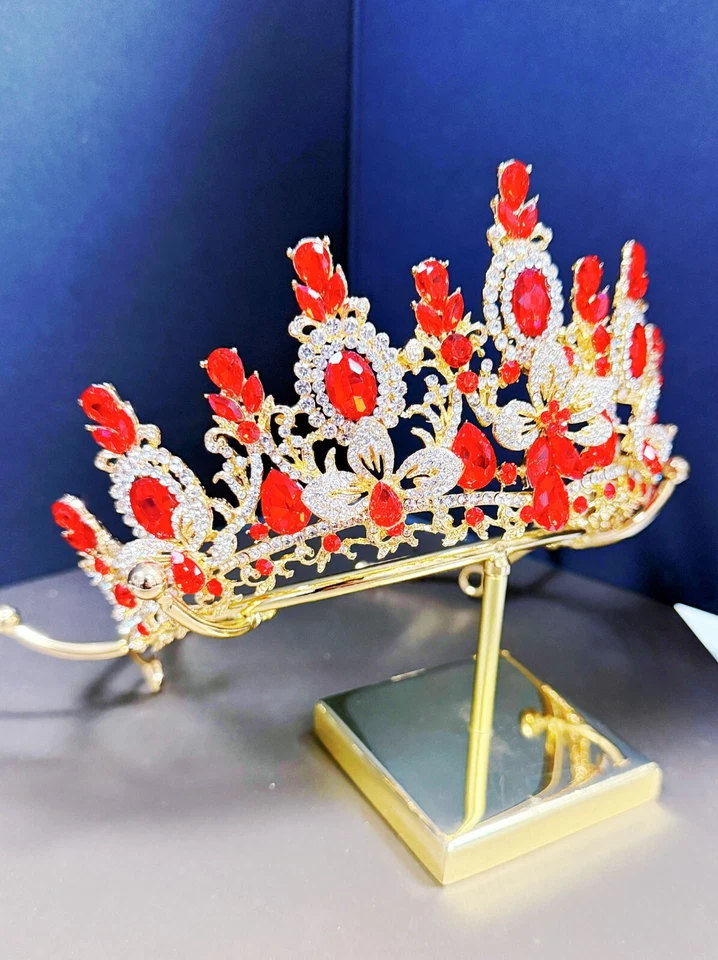 Princess Flower Crown, Floral Tiara, Birthday Party Crown, Red Crystal Tiara - Image 2 of 4