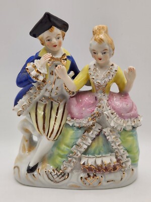 Vintage Egyptian Marble Vase & Bone China Gold Lace Man And Woman Figurine