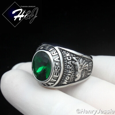 Stainless Steel US Army Military Green Rhinestone Silver/Black Plated  Ring*R100