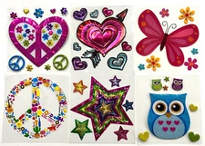STICKERS - Large Hearts, Butterfly, Owl, Stars, Piece Sign Stickers