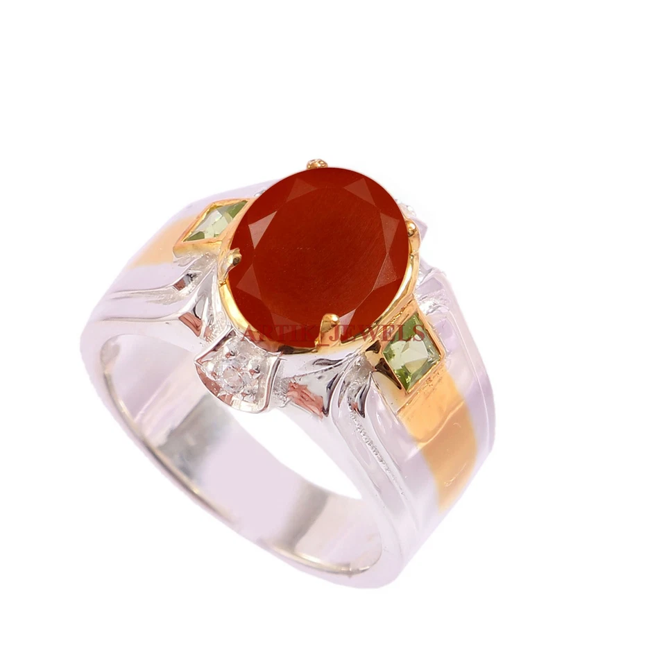 Anillo De Hombre De Plata De Ley 925 Con Ónix Rojo Natural Y Peridoto #5801 - Imagen 3 de 4