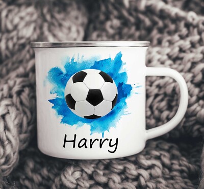 Personalisierte Emaille Camping Tasse, Fußball blau Jungen Kleinkind Tasse Geburtstag Geschenk,