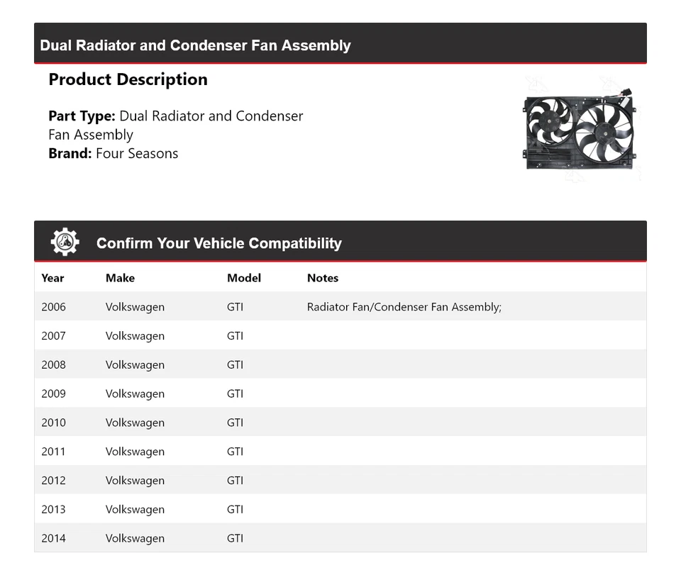 Conjunto de ventilador condensador y radiador doble para Volkswagen GTI 2006-2014 4 estaciones Foto 2 de 4