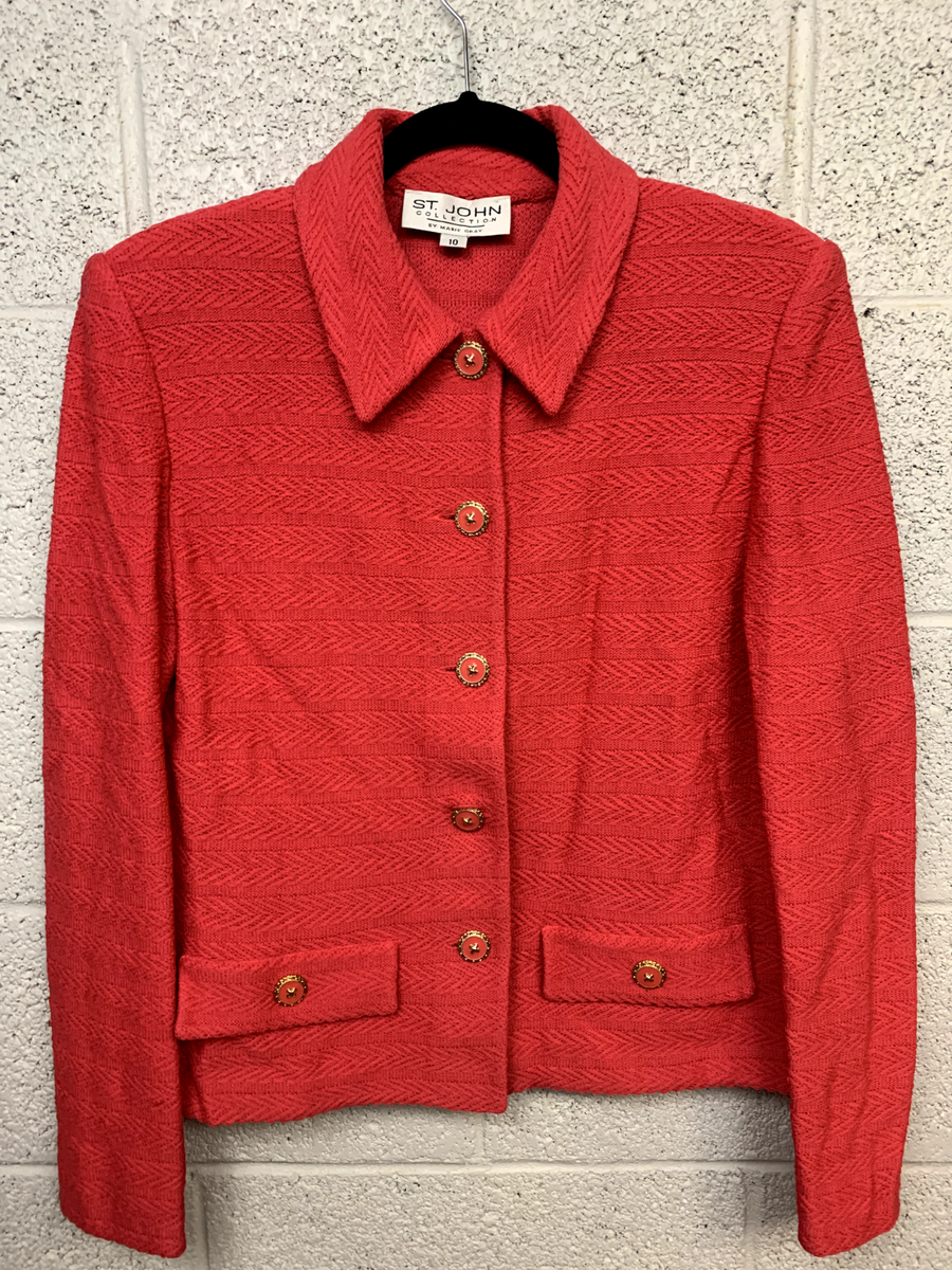 美品希少ST. JOHN COLLECTION レッドカーディガン サイズ4 セール】リボンハートジャガードニットカーディガン（カーディガン