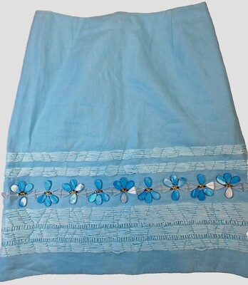 per se 100% Linen Skirt Teal With Basket Weave And Sewn Beading Ladies size 10 
