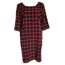 GAP Navy Blue Red Windowpane Check 3/4 Sleeve Zip Back Dress Womens Size Large