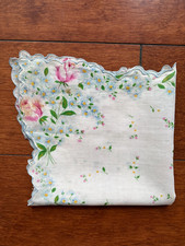 Vintage Summer Flowers 100 Cotton Semi-Sheer Scalloped Edge Handkerchief  flaw