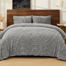 PHF Warm Sherpa Fleece King Comforter Set, 3D Tufted Fluffy Grey Bedding for Win