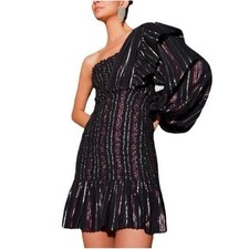 Farm Rio One Shoulder Lurex Smocked Sparkle Party Mini Dress Womens Small Black