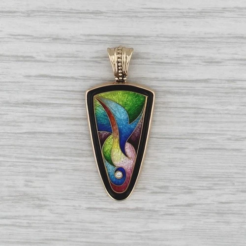 Magik Fusager Colorful Mosaic Cloisonne Pendant 14k Gold Diamond Accent