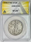 1938-D Silver Walking Liberty Half Dollar, ANACS VF-25, Semi-Key Date!